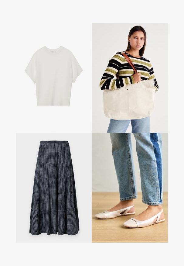 Valge lühikeste varrukatega T-särk laia ümaraha kaelusega ja tekstureeritud ribapatterniga, pehmest kangast, lõdva istuvuse ja puhta disainiga.; Kihiline maksiseelik tumesinises ruudus, millel on elastne vöökoht, mitu kangakihti ja pehme, tekstureeritud viimistlus.; Kahvatu roosa slingback lapikute jalatsite paar, millel on terav varvas, valmistatud siledast nahataolisest materjalist. Omab külgedel lõikekohti ja lapikut kontsa.; Suur beežist kangast kott pruunide nahkrihmadega, millel on minimaalne disain ja nähtavad õmblusaktsendid.