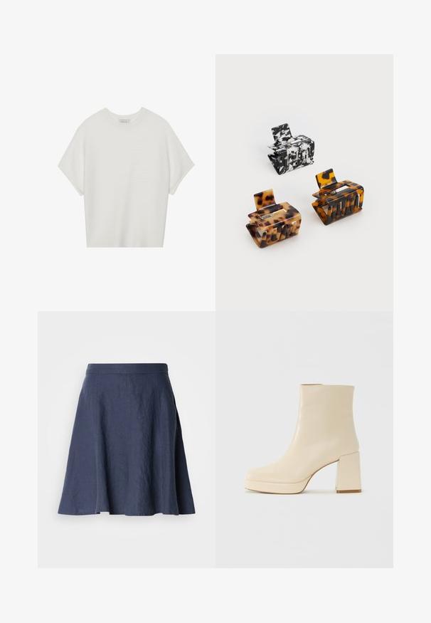 Bijela majica kratkih rukava s širokim okruglim izrezom i teksturiranim rebrastim uzorkom, izrađena od mekog materijala, s opuštenim krojem i čistim dizajnom.; Mornarskoplava lanena suknja s izrezom u obliku zvona, lagana tekstura, srednje dužine, sa šivenim detaljima uz šavove.; Bež kožne gležnjače s blok petom i platformom, glatke površine, i lagano kvadratnim vrhom, okrenute lijevo na bijeloj pozadini.; Tri čašice za kosu: jedna crno-bijela mramorna, dvije žirafe u smeškim i crnim nijansama, sve izrađene od sjajnog plastike s teksturiranom završnom obradom.
