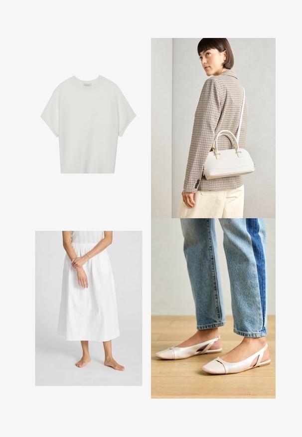 Bela majica s kratkimi rokavi in širokim ovratnikom ter teksturiranim rebrastim vzorcem, izdelana iz mehke tkanine, z udobnim krojem in čistim dizajnom.; Bela, dolga krila iz bombaža z elastičnim pasom. Gladka tekstura, z enostavnim, tekočim dizajnom.; Svijetloružičaste slingback balerinke s šiljastim nožnim prstima, napravljene od glatkog materijala nalik koži. Imaju izrezane detalje sa strane i ravne pete.; Bela strukturirana torba z kratkimi ročaji in naramnim trakom, z zlatimi okrasnimi elementi in teksturiranim materialom, prikazana na sivi podlagi.