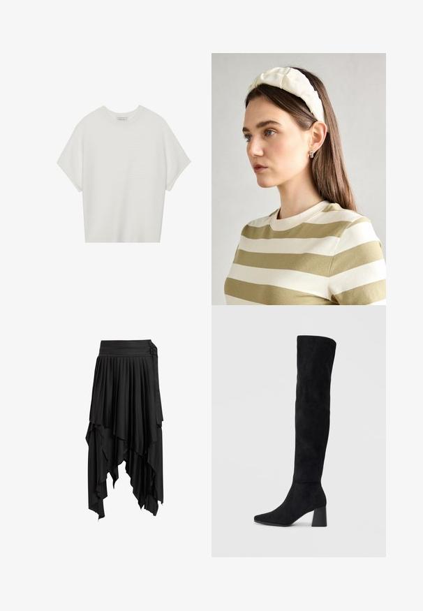 Hvit t-skjorte med korte ermer, bred rund hals og teksturert ribbet mønster, laget av myk stoff, med en avslappet passform og et enkelt design.; Svart plisserad kjol med asymmetrisk gördel, lagerdesign, slät satintextur och två knappdetaljer på midjan.; Sorte semskede knelang støvel med blokk-heelsk, spiss tå og glatt, sømløst design på en ensfarget lys bakgrunn.; Kremfarget polstret hodebånd med tvunnet design, kombinert med en beige og hvit stripete skjorte med rund halsutskjæring. Subtile smykker som aksenter.