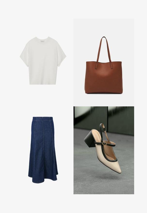 T-shirt blanc à manches courtes avec un large col rond et un motif côtelé texturé, fabriqué en tissu doux, présentant une coupe décontractée et un design épuré.; Jupe en denim avec une taille ajustée, une coupe évasée et des détails de couture visibles. Couleur bleu foncé avec une texture lisse et des fentes latérales.; Escarpin beige à bout pointu et bride arrière, avec des finitions noires, une boucle dorée et un talon bloc épais, posé sur un sol gris avec un fond vert foncé.; Sac fourre-tout en cuir marron avec une texture lisse, design à ouverture supérieure et deux poignées pour le porter à l'épaule. Présente des coutures minimales et aucun matériel visible.