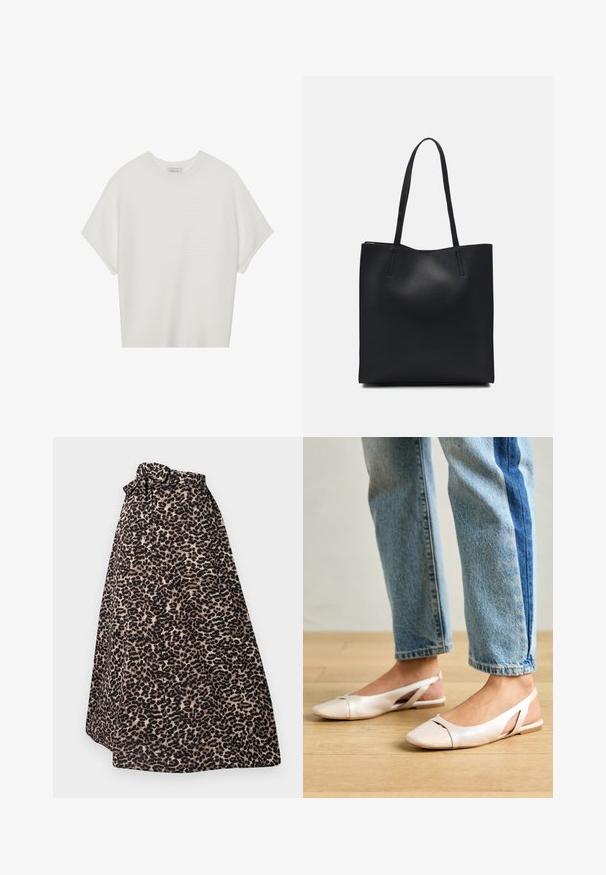 Valge lühikeste varrukatega T-särk laia ümaraha kaelusega ja tekstureeritud ribapatterniga, pehmest kangast, lõdva istuvuse ja puhta disainiga.; Leopardimustriga maxi-seelik pruuni ja musta värviga, valmistatud pehmest kangast, millel on sidumisvõimalusega vöökoht ja volditud disain, luues voolava silueti.; Kahvatu roosa slingback lapikute jalatsite paar, millel on terav varvas, valmistatud siledast nahataolisest materjalist. Omab külgedel lõikekohti ja lapikut kontsa.; Mustast nahast kott sujuva tekstuuriga, ristkülikukujuline ja kahe pika sangaga. Pole nähtavat riistvara ega kaunistusi.