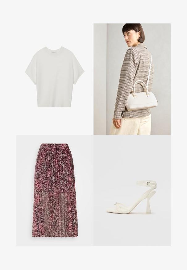 Fehér, rövid ujjú póló széles kerek nyakkivágással és textúrázott, bordás mintával, puha anyagból készült, laza fazonú és letisztult dizájnú.; Átlátszó maxi szoknya virágmintával bordó és rózsaszín árnyalatokban, rugalmas derekú és plissé kialakítású.; Fehér bőr, pántos, magas sarkú szandál, letisztult limezéssel, átlátszó blokk sarkakkal és díszítő elemmel a lábujjaknál.; Fehér, strukturált kézitáska rövid füllel és vállpánttal, arany színű fém kiegészítőkkel és texturált anyagból, szürke háttér előtt bemutatva.