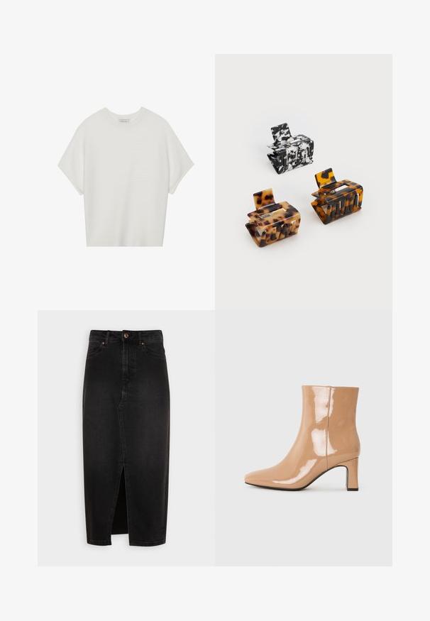 Camiseta blanca de manga corta con cuello redondo amplio y patrón acanalado texturizado, hecha de una tela suave, con un corte relajado y un diseño limpio.; Falda de mezclilla negra, hasta la rodilla, con una abertura frontal, cinturilla estándar y herrajes de botón en tono cobrizo. Textura suave, diseño clásico.; Botines de patente nude con punta afilada, acabado brillante y tacón bloque de altura media. Textura suave y silueta elegante.; Tres pinzas para el cabello: una de mármol negro y blanco, dos de carey en tonos marrones y negros, todas hechas de plástico brillante con un acabado texturizado.
