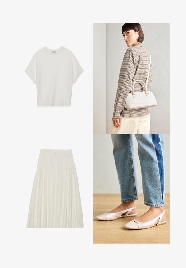 Hvid kortærmet t-shirt med en bred rund hals og struktureret ribbet mønster, lavet af blødt stof, med en afslappet pasform og et enkelt design.; Hvid, knælængde nederdel lavet af letvægtsstof med plisseringer, en talje med knaplukning og sidelommer.; Lyserøde slingback flade sko med spidse tær, lavet af et glat læderlignende materiale. Har udskæringsdetaljer på siderne og en flad hæl.; Hvid struktureret taske med korte håndtag og en skulderrem, prydet med guldfarvede hardwaredetaljer og tekstureret materiale, præsenteret mod en grå baggrund.
