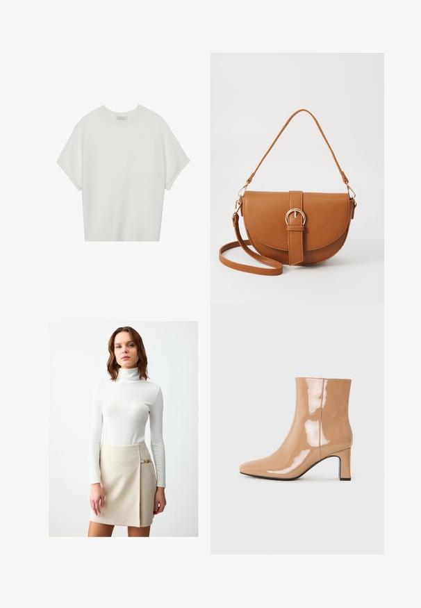 T-shirt blanc à manches courtes avec un large col rond et un motif côtelé texturé, fabriqué en tissu doux, présentant une coupe décontractée et un design épuré.; Un col roulé blanc ajusté à côtes avec des manches longues, associé à une jupe portefeuille beige ornée d'un détail doré à la taille.; Bottes à talon nu patent avec un bout pointu, une finition brillante et un talon bloc de hauteur intermédiaire. Texture lisse et silhouette élégante.; Sac bandoulière en cuir marron avec une forme incurvée, quincaillerie dorée et un accent en boucle. Comprend une bandoulière détachable.