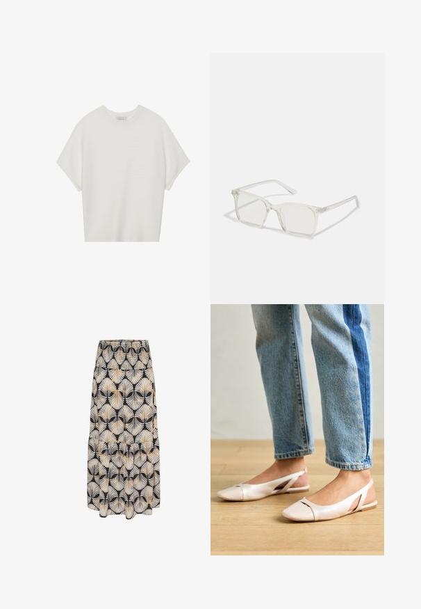 T-shirt bianca a maniche corte con scollo rotondo ampio e texture a coste, realizzata in tessuto morbido, caratterizzata da una vestibilità rilassata e un design pulito.; Gonna nera con motivo di foglie bianche e oro, vita arricciata, design fluido e dettagli a balze. Il tessuto appare leggero e morbido.; Ballerine slingback rosa pallido con punta affusolata, realizzate in un materiale simile alla pelle liscio. Presentano dettagli a taglio sui lati e un tacco piatto.; Occhiali da sole quadrati in plastica trasparente con lenti traslucide, caratterizzati da dettagli in oro sulle tempie.