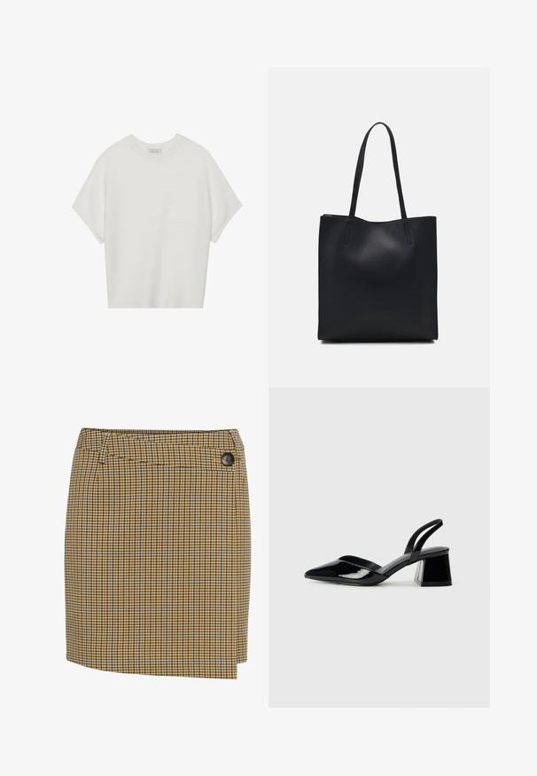 Hvit t-skjorte med korte ermer, bred rund hals og teksturert ribbet mønster, laget av myk stoff, med en avslappet passform og et enkelt design.; Brun og gul rutete skjørt med blå detaljer. Har rak snitt, knappelukking på siden og myk tekstur.; Svarte patentlær slingback hæler med spiss tå og geometrisk blokk hæl. Har et stilrent, minimalistisk design og jevn tekstur.; Svart lær tote bag med glatt tekstur, rektangulær form og to lange håndtak. Ingen synlige deler eller dekorasjoner.