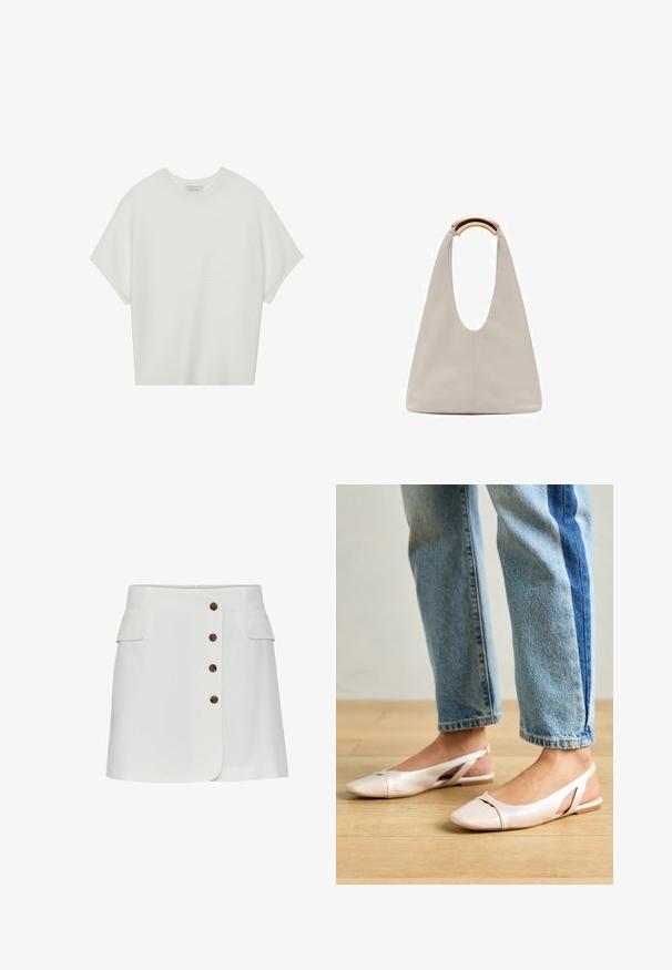 Weißes T-Shirt mit kurzen Ärmeln, weitem Rundhalsausschnitt und strukturiertem Rippenmuster, aus weichem Stoff, mit legerer Passform und einem klaren Design.; Weißer Rock mit sechs braunen Knöpfen vorne, zwei Seitenstaschen und einem leicht ausgestellten Schnitt. Glattes Material mit minimaler Textur.; Blassrosa Slingback-Ballerinas mit spitzem Punkt, aus einem glatten, lederähnlichen Material. Mit Ausschnitten an den Seiten und einem flachen Absatz.; Hellgraue Lederhandtasche mit einem U-förmigen Design und einem geschwungenen, metallischen Griff. Glatte Textur mit minimalen Nähten und ohne sichtbare Muster.