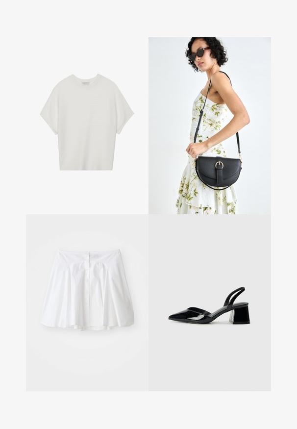 Camiseta branca de mangas curtas com um decote careca largo e um padrão texturizado canelado, feita de tecido suave, com um corte relaxado e um design limpo.; Saia branca de algodão com um design evasé, apresentando um fecho de botão na parte da frente e um leve franzido na cintura para dar forma.; Sandy em verniz preto com salto slingback, ponta afilada e salto geométrico. Apresenta um design elegante e minimalista com textura suave.; Bolsa de couro preta com forma curva, alça destacável e detalhes em dourado. A bolsa possui uma aba com detalhe de fivela.