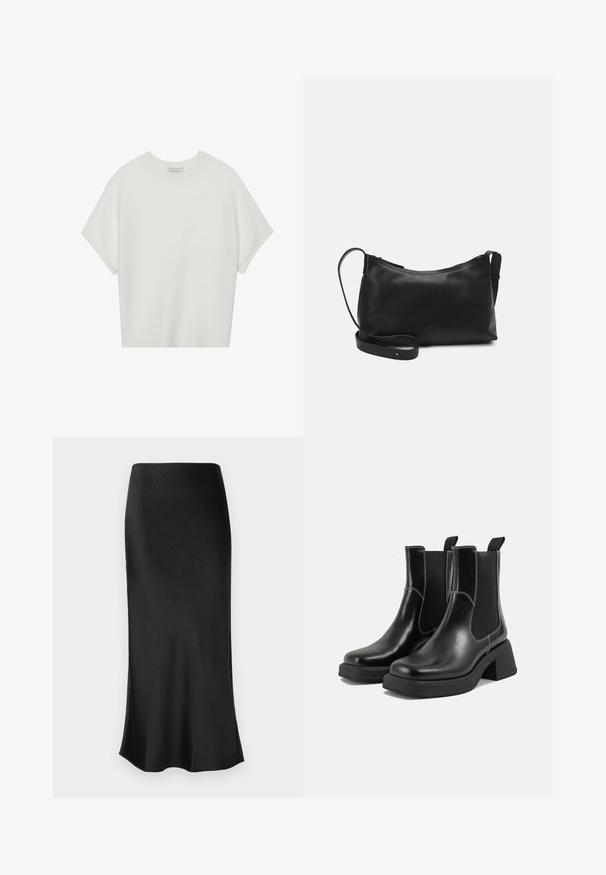 Bela majica s kratkimi rokavi in širokim ovratnikom ter teksturiranim rebrastim vzorcem, izdelana iz mehke tkanine, z udobnim krojem in čistim dizajnom.; Črna midi krila z gladko, sijočo teksturo, ki ima stranski razporek in preprost dizajn. Tesno se prilega in se nežno vije pri robu.; Črne usnjene Chelsea škornje s širokim petami, elastičnimi stranskimi ploščami in kontrastnim belim šivanjem. Teksturirana površina.; Črna usnjena torba čez ramo z gladko teksturo, ukrivljeno obliko, nastavljivim trakom in zadrgo. Minimalističen dizajn brez okrasnih detajlov.