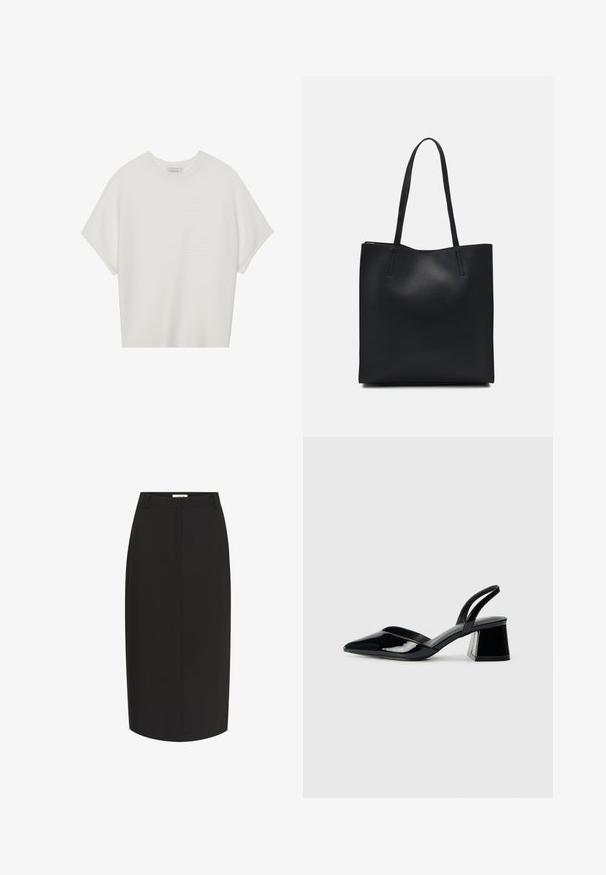 Weißes T-Shirt mit kurzen Ärmeln, weitem Rundhalsausschnitt und strukturiertem Rippenmuster, aus weichem Stoff, mit legerer Passform und einem klaren Design.; Schwarzer Bleistiftrock aus glattem Stoff, mit figurnahem Schnitt, knielangem Design und vorderen Eingrifftaschen.; Schwarze Lackleder-Slingback-High Heels mit spitzem Schuh und einem geometrischen Blockabsatz. Verfügt über ein schlankes, minimalistisches Design und eine glatte Textur.; Schwarze Laptoptasche aus Leder mit glatter Textur, rechteckiger Form und zwei langen Griffen. Keine sichtbaren Beschläge oder Verzierungen.