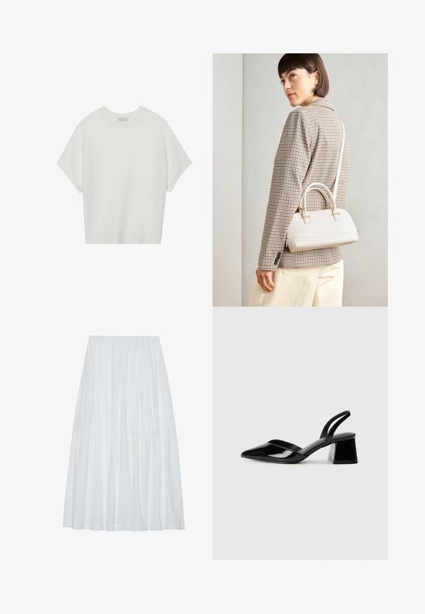 White short-sleeve t-shirt with a wide crew neck and textured ribbed pattern, made of soft fabric, featuring a relaxed fit and a clean design.; White tiered midi skirt with an elastic waistband, featuring a textured fabric and subtle vertical stripes throughout the fabric.; Black patent leather slingback heels with a pointed toe and a geometric block heel. Features a sleek, minimal design and smooth texture.; White structured handbag with short handles and a shoulder strap, featuring gold hardware accents and textured material, displayed against a grey background.