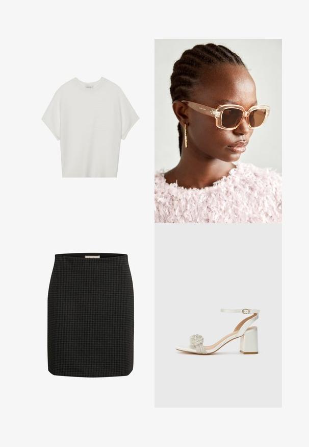 T-shirt bianca a maniche corte con scollo rotondo ampio e texture a coste, realizzata in tessuto morbido, caratterizzata da una vestibilità rilassata e un design pulito.; Gonna nera a motivo houndstooth con un design aderente, silhouette dritta e una texture liscia. Caratterizzata da una vita per un comfort aggiuntivo.; Sandal aperta bianca con punta aperta e tacco a blocco spesso, dotata di una fascia glitterata testurizzata che attraversa il piede e di un cinturino regolabile alla caviglia.; Occhiali da sole oversize beige con montatura trasparente e lenti marroni sfumate, caratterizzati da sottili accenti floreali e un design geometrico audace.; Borsa a mano bianca strutturata con manici corti e tracolla, dotata di dettagli in metallo dorato e materiale testurizzato, esposta su uno sfondo grigio.