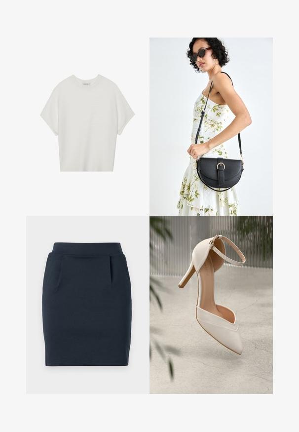 Weißes T-Shirt mit kurzen Ärmeln, weitem Rundhalsausschnitt und strukturiertem Rippenmuster, aus weichem Stoff, mit legerer Passform und einem klaren Design.; Marineblauer Stretch-Jersey-Rock mit figurbetontem Schnitt, ausgestattet mit einem glatten Taillenbund und zwei Fronttaschen.; Weiße High Heels aus glattem Material mit spitzem Schuhschild und Knöchelriemen. Mit einem hellbraunen Innenleben und goldfarbener Hardware-Akzentuierung.; Schwarze Lederhandtasche mit geschwungener Form, abnehmbarem Tragegurt und goldenen Beschlägen. Die Tasche verfügt über einen Deckel mit einer Schnallen-Details.