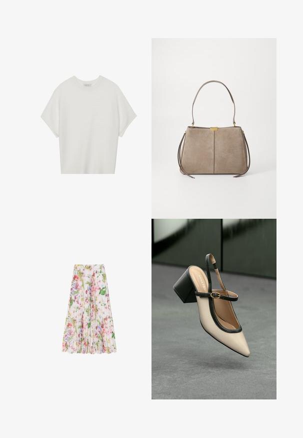 Bijela majica kratkih rukava s širokim okruglim izrezom i teksturiranim rebrastim uzorkom, izrađena od mekog materijala, s opuštenim krojem i čistim dizajnom.; Cvjetna plisirana suknja od lagane tkanine, s mješavinom ružičastih, zelenih i ljubičastih nijansi. Pada ispod koljena s naboranim pojasom.; Bež cipele s otvorenom petom i šiljastim vrhom, crnim obrubom, zlatnom kopčom i debelim blok-petom na sivom podu s tamnozelenom pozadinom.; Tommy Hilfiger CASUAL SHOULDER BAG - Ručna torba - coastal taupe