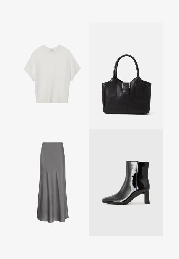 Bela majica s kratkimi rokavi in širokim ovratnikom ter teksturiranim rebrastim vzorcem, izdelana iz mehke tkanine, z udobnim krojem in čistim dizajnom.; Moves HEBRY - Dolgo krilo - castlerock; Črne lakirane gležnjarje z ošiljenim nosom in srednje visokim blokastim peto. Gladka tekstura in minimalističen dizajn.; Črna usnjena torba s gladko teksturo, strukturirano obliko, dvema ročkama in izrazitim srebrnim sponko na sprednji strani.