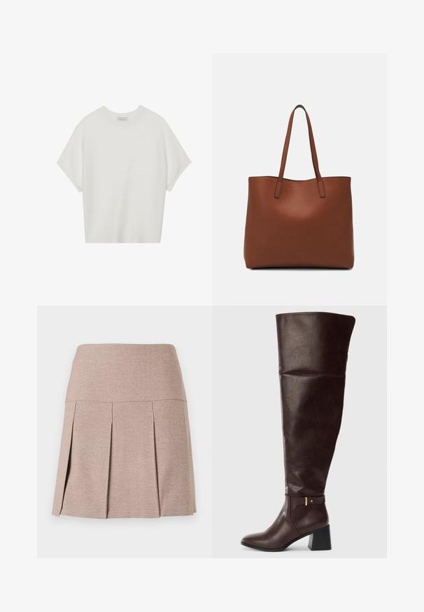 Bijela majica kratkih rukava s širokim okruglim izrezom i teksturiranim rebrastim uzorkom, izrađena od mekog materijala, s opuštenim krojem i čistim dizajnom.; Naborana suknja u mekoj bež tkanini s glatkim strukom, koja se odlikuje teksturiranim, laganim materijalom i ravnim rubom.; Tamnosmeđi kožni čizmi do koljena s blok potpeticom i dekorativnim trakama sa strane, prikazane na jednostavnoj svijetloj pozadini.; Smeđa kožna torba preko ramena s glatkom teksturom, otvorenim vrhom i dvjema naramenicama. Ima minimalne šavove i nema vidljivog hardvera.