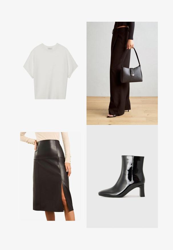 Valkoinen lyhythihainen t-paita, jossa on leveä pyöreä kaula-aukko ja teksturoitu ribbikuvio, valmistettu pehmeästä kankaasta, rento malli ja siisti muotoilu.; Musta nahkainen midi-hame, jossa on korkea vyötärö, sivuventtiili, tyylikäs muotoilu, sileä rakenne ja ilman näkyviä metalliosia.; Musta patenttilakattu nilkkuri, jossa on terävä kärki ja keskipitkä lohkarekorko. Silkkinen pinta ja minimalistinen muotoilu.; Musta käsilaukku, jossa on rakenteellinen muoto, sileä pinta ja metallinen solki. Yhdistetty leveisiin mustiin housuihin ja avonaiheisiin sandaaleihin puulattialla.