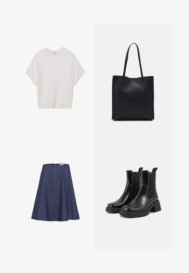 Valge lühikeste varrukatega T-särk laia ümaraha kaelusega ja tekstureeritud ribapatterniga, pehmest kangast, lõdva istuvuse ja puhta disainiga.; Tume sinine A-line seelik, põlvekõrgune, silmapaistmatu vöökoht varjatud tõmblukuga ja laienev siluett. Peen tekstuuride detail.; Must musta Chelsea saapad, millel on paks konts, elastsed külgpaneelid ja kontrastne valge õmblus. Tekstuuriga viimistlus.; Mustast nahast kott sujuva tekstuuriga, ristkülikukujuline ja kahe pika sangaga. Pole nähtavat riistvara ega kaunistusi.