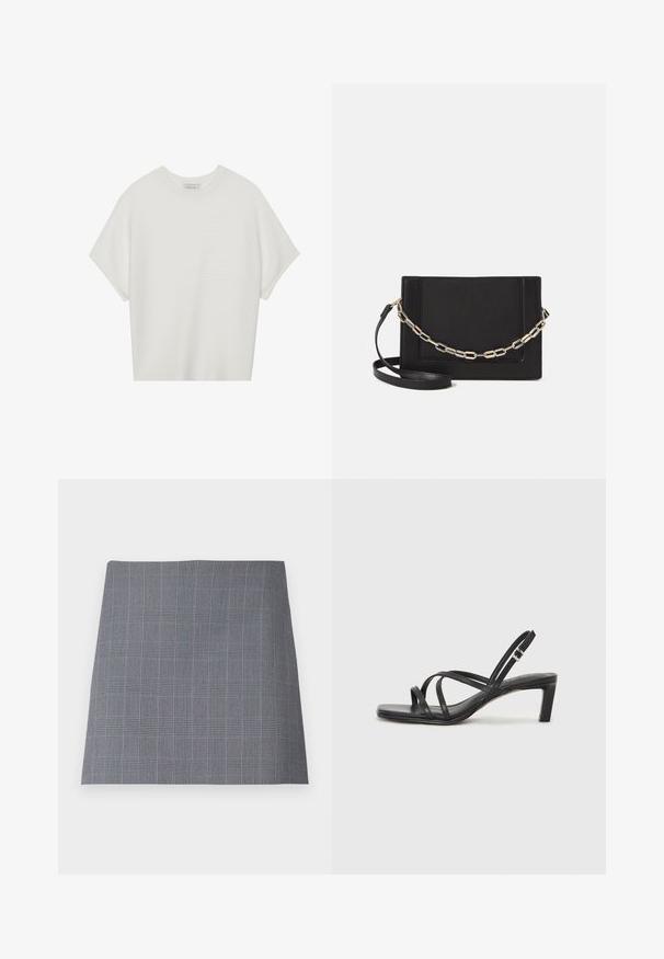 Weißes T-Shirt mit kurzen Ärmeln, weitem Rundhalsausschnitt und strukturiertem Rippenmuster, aus weichem Stoff, mit legerer Passform und einem klaren Design.; Grauer Karorock mit strukturiertem Schnitt, der feine schwarze und blaue Linien in einem Gittermuster aufweist, aus einem glatten Stoff gefertigt.; Schwarze Sandale mit Riemchen, quadratischer Zehenform und niedrigem Blockabsatz. Verfügt über mehrere dünne Riemen und einen verstellbaren Knöchelriemen. Hergestellt aus glattem Leder.; Schwarze Leder-Crossbody-Tasche mit glatter Textur, rechteckiger Form und metallic-kettendetail auf der Vorderseite. Verstellbarer Gurt inklusive.