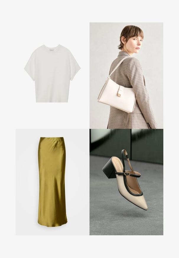 White short-sleeve t-shirt with a wide crew neck and textured ribbed pattern, made of soft fabric, featuring a relaxed fit and a clean design.; Satin, olive-green, high-waisted skirt with a sleek, fitted design, tapered shape, and smooth texture, intended for a floor-length style.; Beige pointed-toe slingback shoe with black trim, gold buckle, and a chunky block heel on gray floor with dark green background.; White leather handbag with a structured design, featuring a magnetic clasp and a shoulder strap, showcased against a neutral background.