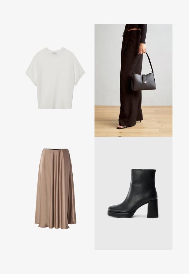 Valge lühikeste varrukatega T-särk laia ümaraha kaelusega ja tekstureeritud ribapatterniga, pehmest kangast, lõdva istuvuse ja puhta disainiga.; Pikk A-line seelik, mis on valmistatud siledast, läikivast kangast helesandrine värviga. Omab elastset pihaosa ja voolavat, drapeeritud disaini.; Must musta ankle boot, milleplokk-konts ja platvormi tallaga, vaadatud küljelt ühetoonilise valge tausta peal.; Must musta kott, millel on struktureeritud kuju, sile tekstuur ja metallist klamber. Kombineeritud laiate mustade pükstega ja avatud varvaste sandaalidega puidust põrandal.