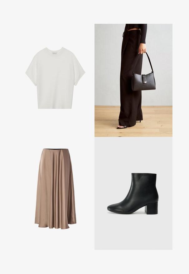 Valge lühikeste varrukatega T-särk laia ümaraha kaelusega ja tekstureeritud ribapatterniga, pehmest kangast, lõdva istuvuse ja puhta disainiga.; Pikk A-line seelik, mis on valmistatud siledast, läikivast kangast helesandrine värviga. Omab elastset pihaosa ja voolavat, drapeeritud disaini.; Mustad nahast pahkluu saapad terava varbaga ja jämeda kandaga. Sile tekstuur minimaalse aktsentidega ja stiilne, lihvitud disain.; Must musta kott, millel on struktureeritud kuju, sile tekstuur ja metallist klamber. Kombineeritud laiate mustade pükstega ja avatud varvaste sandaalidega puidust põrandal.