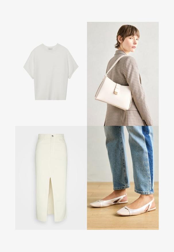White short-sleeve t-shirt with a wide crew neck and textured ribbed pattern, made of soft fabric, featuring a relaxed fit and a clean design.; White denim midi skirt with a front slit, five-pocket design, and metal button closure. Smooth texture, high-waisted, straight silhouette.; Pale pink slingback flats with a pointed toe, made from a smooth leather-like material. Features cut-out details at the sides and a flat heel.; White leather handbag with a structured design, featuring a magnetic clasp and a shoulder strap, showcased against a neutral background.