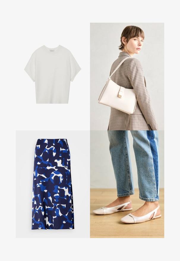Valge lühikeste varrukatega T-särk laia ümaraha kaelusega ja tekstureeritud ribapatterniga, pehmest kangast, lõdva istuvuse ja puhta disainiga.; Põlvepikkune seelik, mis on valmistatud siledast kangast, millel on tumesinine alus koos julgete siniste ja valgete abstraktsete kujundite ja mustritega.; Kahvatu roosa slingback lapikute jalatsite paar, millel on terav varvas, valmistatud siledast nahataolisest materjalist. Omab külgedel lõikekohti ja lapikut kontsa.; Valge nahast käekott struktureeritud disainiga, millel on magnetlukk ja õlavarre rihm, esitletud neutraalse tausta ees.
