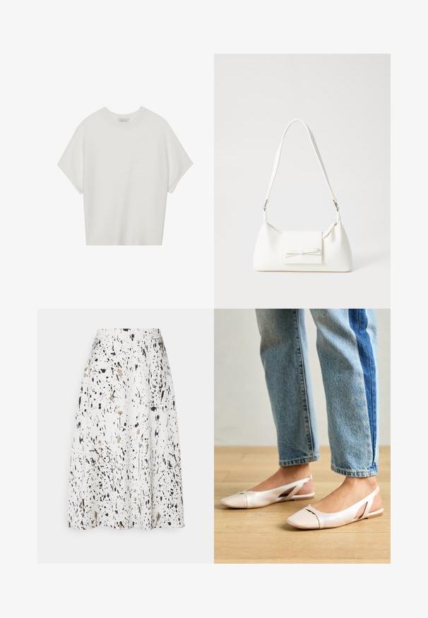 T-shirt blanc à manches courtes avec un large col rond et un motif côtelé texturé, fabriqué en tissu doux, présentant une coupe décontractée et un design épuré.; Jupe blanche avec un motif éclaboussé en noir et beige, longueur genoux, texture lisse et silhouette évasée.; Ballerines slingback rose pâle avec un bout pointu, fabriquées en un matériau semblable au cuir lisse. Présentent des découpes sur les côtés et un talon plat.; Sac à main synthétique blanc en forme triangulaire, avec un rabat avant plat et un détail en nœud, une bandoulière ajustable, une texture lisse et un design minimaliste.