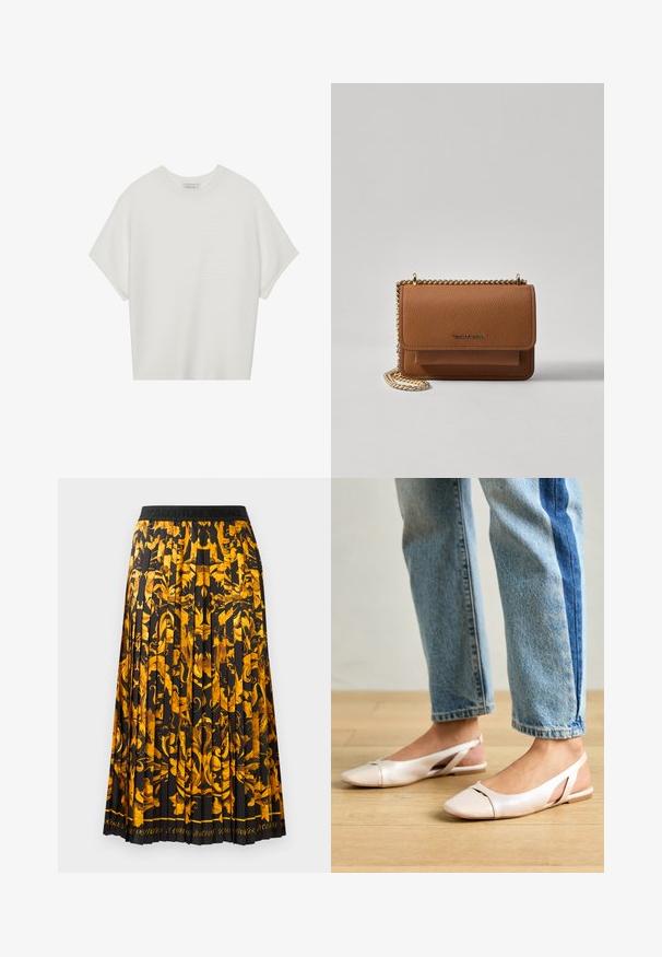 Fehér, rövid ujjú póló széles kerek nyakkivágással és textúrázott, bordás mintával, puha anyagból készült, laza fazonú és letisztult dizájnú.; Ráncokkal ellátott szoknya, mely fekete anyagból készült, élénk arany virágmintával. A derékrész fekete, dombornyomott felirattal.; Világos rózsaszín slingback laposlábú cipők, hegyes orral, sima bőrhatású anyagból készült. Oldalt kivágott részletek találhatók rajta, valamint lapos sarkú.; Barna textúrájú bőr keresztbody táska arany lánc pánttal és fedélzárral. Az elején logó részlet és egy zseb található a fedél alatt.