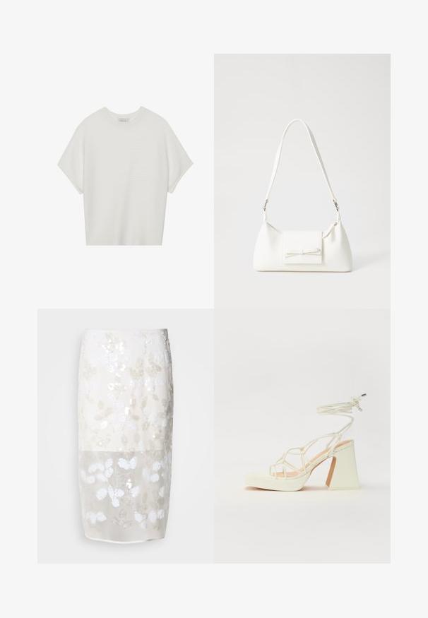 T-shirt blanc à manches courtes avec un large col rond et un motif côtelé texturé, fabriqué en tissu doux, présentant une coupe décontractée et un design épuré.; Jupe au genou en crème avec un motif floral en sequins. Couche supérieure semi-transparente, doublée en dessous. Texture lisse avec divers embellissements blancs.; Sandale blanche à talons hauts avec un talon épais, présentant un design à lanières et un lien autour de la cheville. Texture lisse avec une plateforme à l'avant pour une hauteur supplémentaire.; Sac à main synthétique blanc en forme triangulaire, avec un rabat avant plat et un détail en nœud, une bandoulière ajustable, une texture lisse et un design minimaliste.