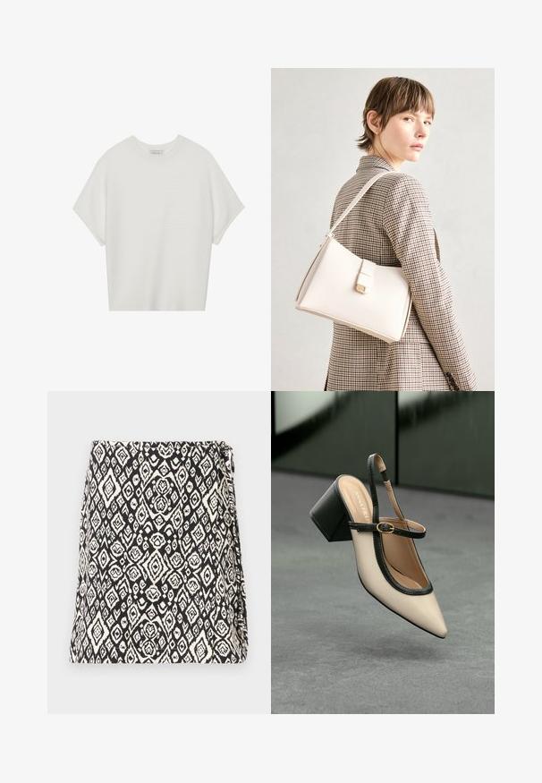 Hvit t-skjorte med korte ermer, bred rund hals og teksturert ribbet mønster, laget av myk stoff, med en avslappet passform og et enkelt design.; Svart og hvit veske med et geometrisk diamantmønster, laget av stoff med en teksturert overflate. Designet med en klaffåpning.; Beige spiss tå slingback sko med svart kant, gullspenne og tykk blokkheel på grått gulv med mørkegrønn bakgrunn.; Hvit lær veske med en strukturert design, med magnetlås og skulderstropp, vist mot en nøytral bakgrunn.