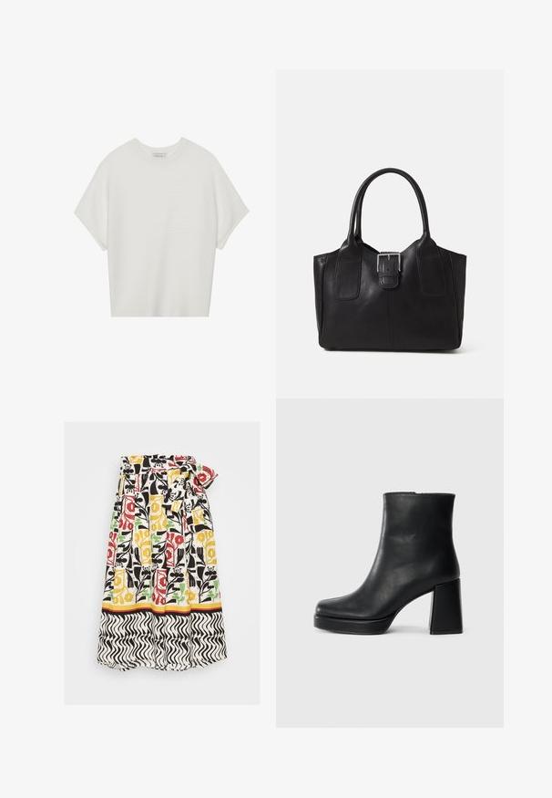 Hvid kortærmet t-shirt med en bred rund hals og struktureret ribbet mønster, lavet af blødt stof, med en afslappet pasform og et enkelt design.; Blomstermønstret nederdel med læg, i farverne rød, gul, grøn og sort på en hvid baggrund. Inkluderer en bølget kant i sort og hvid.; Sort læder ankelstøvle med blokhæl og platformssål, set fra siden på en ensfarvet hvid baggrund.; Sort læder tote taske med glat tekstur, struktureret form, to håndtag og en fremtrædende sølvspænde detalje på forsiden.