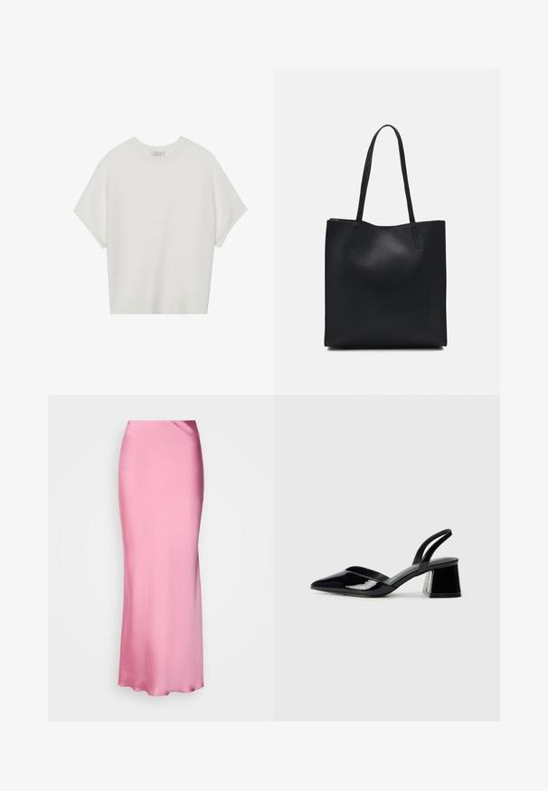 Valge lühikeste varrukatega T-särk laia ümaraha kaelusega ja tekstureeritud ribapatterniga, pehmest kangast, lõdva istuvuse ja puhta disainiga.; Roosa satiini maxi seelik sujuva disaini, sileda tekstuuri ja keha ligi jääva siluetikuga, millel on kõrge vöökohus ja nähtamatud kinnitused.; Mustad musta lakknahk kingad, millel on terav varvas ja geomeetriline plokkkonts. Omab elegantselt minimalistlikku disaini ja sujuvat tekstuuri.; Mustast nahast kott sujuva tekstuuriga, ristkülikukujuline ja kahe pika sangaga. Pole nähtavat riistvara ega kaunistusi.