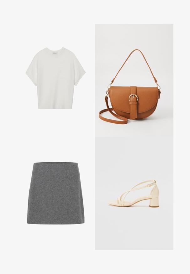 White short-sleeve t-shirt with a wide crew neck and textured ribbed pattern, made of soft fabric, featuring a relaxed fit and a clean design.; A gray felt mini skirt with a straight cut and a smooth texture, featuring a wide waistband and no visible seams or embellishments.; Beige heeled sandals with a block heel, strappy design, and adjustable ankle strap, made of smooth synthetic material with a matte finish.; Brown leather crossbody bag with a curved shape, gold hardware, and a buckle accent. Features a detachable shoulder strap.