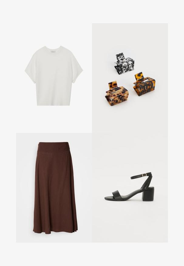 Camiseta blanca de manga corta con cuello redondo amplio y patrón acanalado texturizado, hecha de una tela suave, con un corte relajado y un diseño limpio.; Falda maxi marrón con una textura suave, cinturilla elástica ancha y un diseño fluido, adecuada para un uso casual o semi-formal.; Sandalia de tacón negro con parte superior de cuero suave, punta abierta, tiras frontales anchas y correa ajustable en el tobillo con detalle de hebilla dorada.; Tres pinzas para el cabello: una de mármol negro y blanco, dos de carey en tonos marrones y negros, todas hechas de plástico brillante con un acabado texturizado.