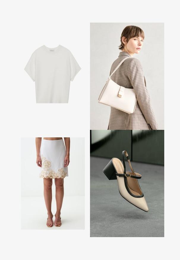 Biała koszulka z krótkim rękawem o szerokim dekolcie, wykonana z miękkiego materiału, z fakturowanym prążkowanym wzorem, charakteryzująca się luźnym krojem i minimalistycznym designem.; Biała spódnica z haftowanym złotym wzorem kwiatowym na dolnej krawędzi, posiadająca dopasowany krój i gładki, teksturowany materiał.; Beżowe buty typu slingback z ostrym noskiem, czarnym wykończeniem, złotą klamrą i grubym obcasem na szarym podłożu z ciemnozielonym tłem.; Biała skórzana torebka o strukturalnym wzorze, z magnetycznym zapięciem i paskiem na ramię, zaprezentowana na neutralnym tle.
