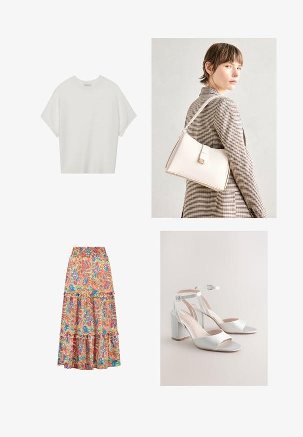 Bela majica s kratkimi rokavi in širokim ovratnikom ter teksturiranim rebrastim vzorcem, izdelana iz mehke tkanine, z udobnim krojem in čistim dizajnom.; Troslojna cvetna krila z elastiko v pasu, lahkotna tkanina in mešanica živahnih barv, vključno z rdečo, modro in zeleno.; Belo sandali z odprtim prstom, blok peto, z zaponkami okoli gležnjev in srebrnimi zaponkami na nevtralni bež podlagi.; Bela usnjena torba s strukturirano zasnovo, opremljena z magnetnim zapiranjem in naramnico, prikazana na nevtralni ozadju.
