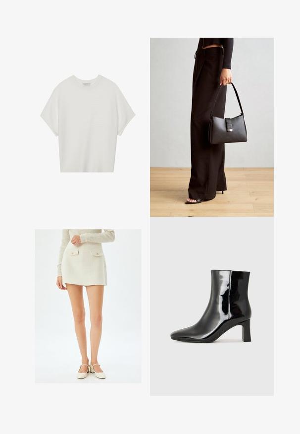 Valkoinen lyhythihainen t-paita, jossa on leveä pyöreä kaula-aukko ja teksturoitu ribbikuvio, valmistettu pehmeästä kankaasta, rento malli ja siisti muotoilu.; Valkoinen teksturoitu mini hame, jossa on kaksi etutaskua ja kultaiset napit, yhdistettynä kermanvärisiin korkokenkiin. Hameessa on suora leikkaus.; Musta patenttilakattu nilkkuri, jossa on terävä kärki ja keskipitkä lohkarekorko. Silkkinen pinta ja minimalistinen muotoilu.; Musta käsilaukku, jossa on rakenteellinen muoto, sileä pinta ja metallinen solki. Yhdistetty leveisiin mustiin housuihin ja avonaiheisiin sandaaleihin puulattialla.