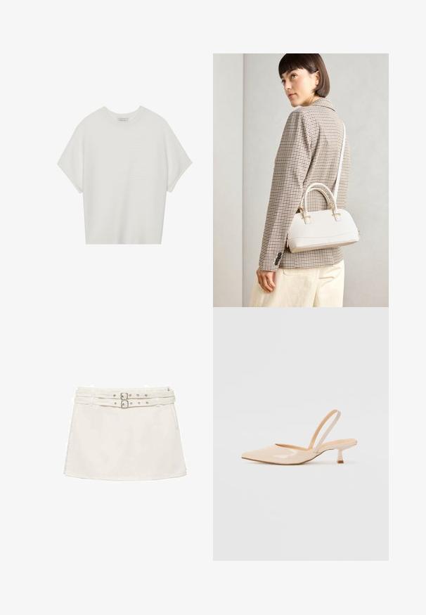 Biała koszulka z krótkim rękawem o szerokim dekolcie, wykonana z miękkiego materiału, z fakturowanym prążkowanym wzorem, charakteryzująca się luźnym krojem i minimalistycznym designem.; Biała dżinsowa mini spódniczka z podwójnym paskiem w talii, z metalowymi detalami w kolorze srebra oraz gładką, płaską fakturą. Prosty, casualowy design.; Beżowe lakierowane czółenka na odkrytej pięcie z zasunięciem, z ostrym noskiem i smukłym, kwadratowym obcasem. Gładka faktura i minimalistyczny design bez zdobień.; Biała torebka o strukturalnym kształcie z krótkimi uchwytami i paskiem na ramię, z złotymi akcentami i teksturowanym materiałem, prezentowana na szarym tle.