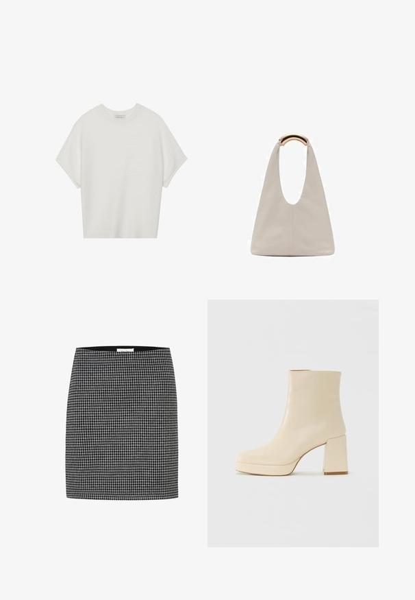 Biela tričko s krátkym rukávom a širokým okrúhlym výstrihom, s textúrovaným rebrovaným vzorom, vyrobené z mäkkej látky, s uvoľneným strihom a čistým dizajnom.; Čierno-biela sukňa s kostkovaným vzorom, so priliehavým strihom, hladkou textúrou a pásom. Žiadne viditeľné kovania ani vzory okrem kostkovaného dizajnu.; Béžová kožená členková obuv s blokovým podpätkom a platformou, hladký povrch a mierne štvorcová špička, orientovaná doľava na bielom pozadí.; Svetlosivá kožená taška s U-tvarom a zakrivenou kovovou rukoväťou. Hladký povrch s minimálnym prešívaním a bez viditeľných vzorov.