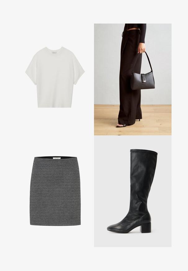 Bela majica s kratkimi rokavi in širokim ovratnikom ter teksturiranim rebrastim vzorcem, izdelana iz mehke tkanine, z udobnim krojem in čistim dizajnom.; Suknja v črno-beli hounds-tooth vzorcu s prilagojeno silhueto, gladko teksturo in pasom. Brez vidne opreme ali vzorcev, razen hounds-tooth dizajna.; Črne škornje do kolen, izdelane iz gladke usnje. Imajo kvadratno peto in eleganten silhuet s preprostim zgornjim delom in šivano obrobo na vrhu.; Črna torbica z strukturirano obliko, gladko teksturo in kovinskim zaponko. Ujemajo se z širokimi črnimi hlačami in odprtimi sandali na lesenem tleh.