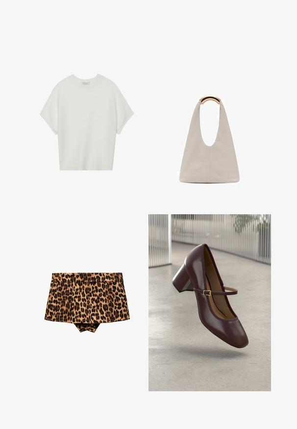 Biela tričko s krátkym rukávom a širokým okrúhlym výstrihom, s textúrovaným rebrovaným vzorom, vyrobené z mäkkej látky, s uvoľneným strihom a čistým dizajnom.; Mango Šortky - brown; Burgundské kožené topánky Mary Jane so štvorcovou špičkou a blokovým podpätkom, s pásikom na zlaté spony, plávajúce nad svetlo šedou podlahou.; Svetlosivá kožená taška s U-tvarom a zakrivenou kovovou rukoväťou. Hladký povrch s minimálnym prešívaním a bez viditeľných vzorov.