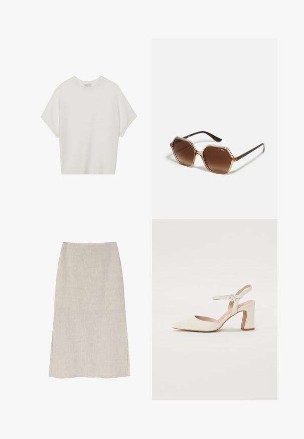 Witte T-shirt met korte mouwen, een brede ronde hals en een gestructureerd ribpatroon, gemaakt van zachte stof. Het shirt heeft een ontspannen pasvorm en een strakke uitstraling.; Lichtbeige linnen rok met een rechte silhouet, zijsplitten en een subtiele textuurafwerking. Geen zichtbare beslagdelen of versieringen.; Puntige crèmekleurige pump met een blokhak. Voorzien van een dunne enkelband met een ronde gesp en een soepele leren textuur.; Hexagonale zonnebril met bruine gradient lenzen, transparante beige montuur en donkerbruine pootjes. Bevat 'vogue' branding aan de zijkant.; Bruine leren handtas met een textuurafwerking, voorzien van een gouden sluiting en een enkele, gebogen schouderriem.
