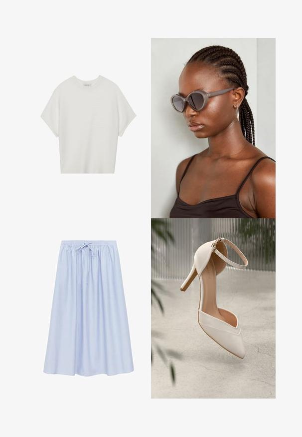 Tricou alb cu mânecă scurtă, cu guler larg și model texturat cu dungi, realizat dintr-un material moale, având o croială lejeră și un design curat.; Fustă albastru deschis, până la genunchi, cu o croială lejeră, având un elastic în talie și șnururi ajustabile. Material neted, ușor.; Cumpărătură albă cu toc înalt, din material neted, cu vârf ascuțit și bretele pentru glezna. Dispune de un interior de culoare bej deschis și accente din metal aurit.; Ochelari de soare supradimensionați gri, cu formă rotundă și lentile închise la culoare. Rame din plastic elegante, cu un finisaj neted. Modelul are părul împletit.