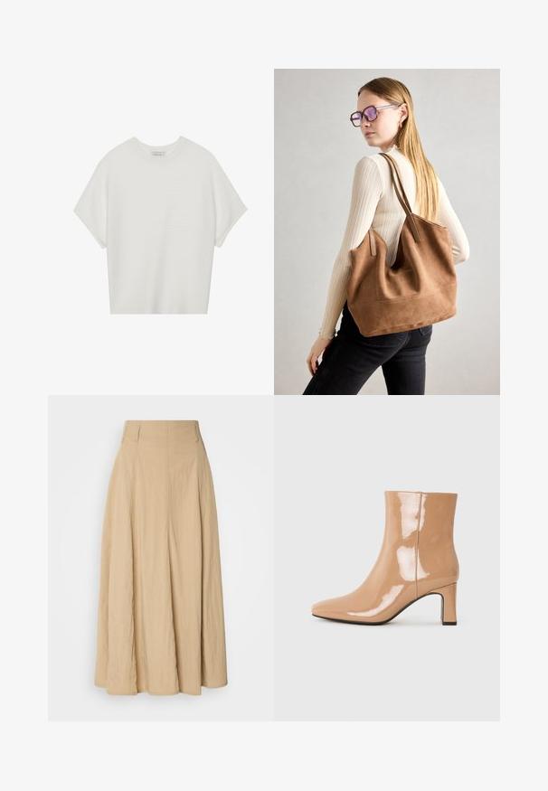 Hvit t-skjorte med korte ermer, bred rund hals og teksturert ribbet mønster, laget av myk stoff, med en avslappet passform og et enkelt design.; Beige, høyt midje maxi-skirt laget av teksturert stoff, med folder som faller nedover, med et rent og enkelt design uten synlige mønstre.; Nude patent ankelstøvler med spiss tå, en skinnende finish og en middels høy blokkhel. Glatt tekstur og strømlinjeformet silhuett.; Brun semsketotebag med myk tekstur, stor åpning og lange stropper. Har et enkelt design med synlig søm og uten maskinvare.