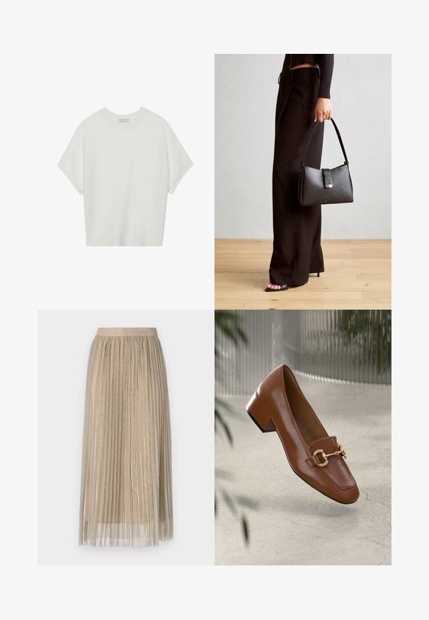 Balta īsā piedurknē T-krekls ar plašu apļa kaklu un teksturētu ribu rakstu, izgatavots no mīksta auduma, ar brīvu piegriezumu un tīru dizainu.; Gari plando midi svārki gaiši bēšā krāsā ar caurspīdīgu pārliku, ar mīkstu jostu un vieglām metāliskām akcentiem visā audumā.; Brūni lakoti ādas loaferi ar kvadrātu purngalu, metālisku ķēdes akcentu un zemu blokveida papēdi; gluda tekstūra, minimālisma dizains.; Melnā somiņa ar strukturētu formu, gludu tekstūru un metālu sprādzi. Saskaņota ar platām melnām biksēm un sandālēm ar atvērtu purngalu uz koka grīdas.