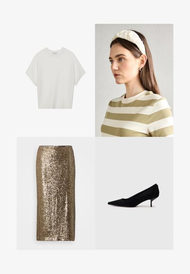 Witte T-shirt met korte mouwen, een brede ronde hals en een gestructureerd ribpatroon, gemaakt van zachte stof. Het shirt heeft een ontspannen pasvorm en een strakke uitstraling.; Gouden pailletten kokerrok met een rechte vorm, gestructureerd oppervlak en ritssluiting aan de achterkant. Reflecterende pailletten bedekken de gehele stof.; Zwarte suède hoge hak met een spitse neus en een slanke, lage hak. Gladde textuur met een strakke vormgeving, zonder zichtbare hardware.; Crème geklede hoofdband met gedraaide ontwerp, gecombineerd met een beige en witte gestreepte shirt met een ronde hals. Subtiele sieradenaccenten.